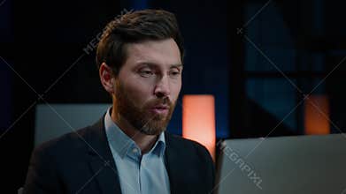 Close up middle-aged businessman Caucasian man talk video chat online webcam application joyful professional hr agent