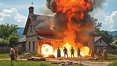 A rural cottage in a quiet village, suddenly consumed by a Generative AI