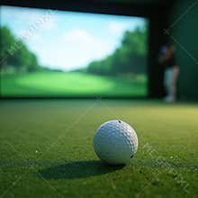 White golf ball sits on green grassy field with golf simulator in background. Player practices golf shot. Concept sport