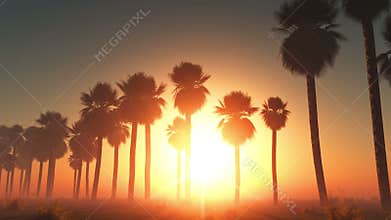 Fog glowing sun and palms