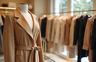 Luxury boutique store with fashion clothes on hangers. Stylish woman beige trench coat on mannequin, focus foreground. Clothes