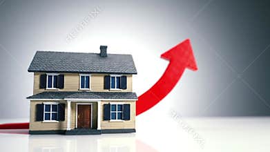 Beige House Model and Red Upward Arrow on White Background