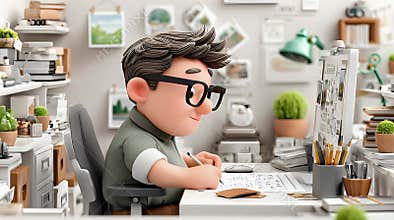 Happy Cartoon Character Working at Desk in Home Office