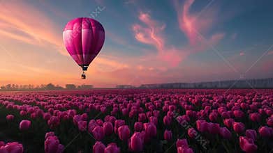 Pink hot air balloon floating over vast blooming tulip field at colorful sunset with dramatic clouds in sky
