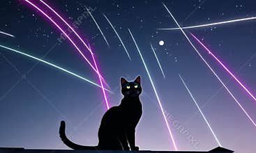 Black cat looking at neon sky at night - digital fantasy video.
