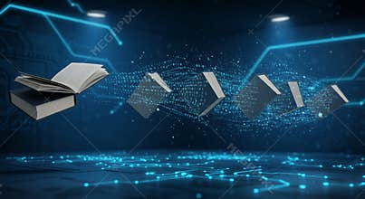 Books floating in a digital space with binary code and circuit lines