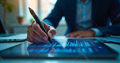 Data Analysis: Hands Using a Stylus to Review Business Charts on a Tablet