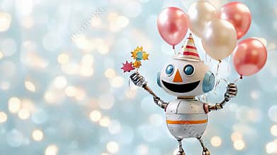 Cheerful robot celebrating with balloons and party hat amidst festive bokeh lights