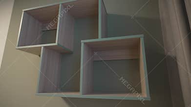 Geometric shelf in space-saving asymmetrical arrangement