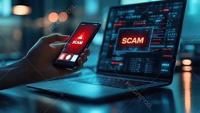 Digital scam notice: phishing threat, vishing attack, smishing fraud, fake email, romance scam, lottery lure, investment fraud,