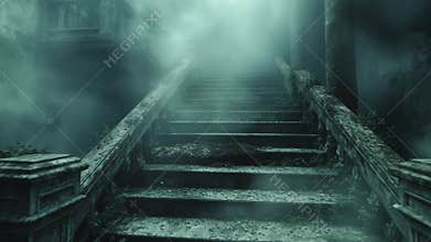Ascent Through the Misty Ruins and Haunted House Atmosphere Ai Generative