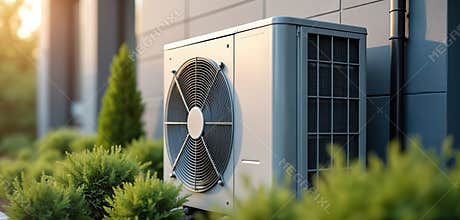 Modern air conditioner unit installed on home exterior. Climate control system for cooling, heating. HVAC tech equipment, house