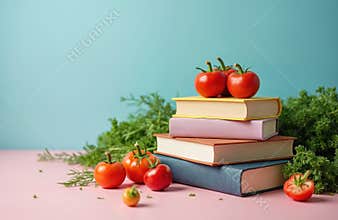 Pile of books with fresh tomatoes. Food nourishment knowledge concept on pastel blue-pink background. Healthy lifestyle, reading,