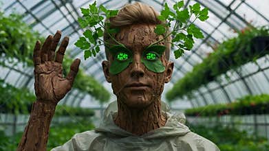 Arboreal Guardian - 4K Tree-Humanoid in Greenhouse for Eco-Fantasy & Botanical Aesthetics