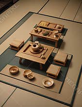 Kintsugi Art: A Golden-Repaired Tea Set on Tatami Mat