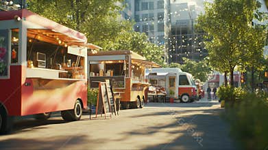Food trucks gather in city square offering diverse cuisine during a sunny afternoon