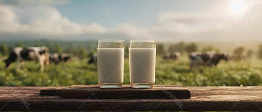 The refreshing milk glasses against a serene farm backdrop at dawn. AI generated image