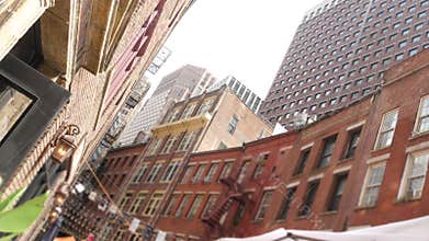 New York City Manhattan building architecture. Red brick house exterior. Real estate property, USA.