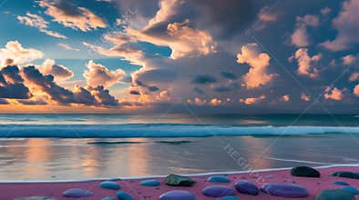 Colorful ocean beach with pink sand and polished rocks at sunset