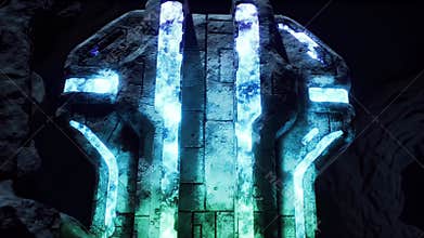 Mysterious Alien Monolith with Pulsating Blue Energy in a Dark, Rocky Cavern
