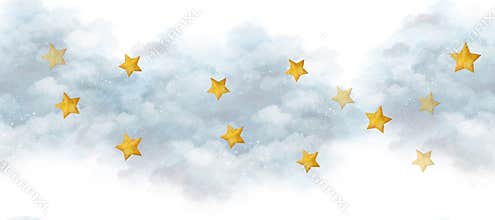White sky, fluffy clouds, golden stars make up this space of seamless border watercolor clip art. Watercolor