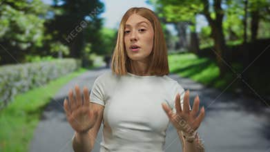 Young blonde woman in white shirt holds up both hands in a stop gesture on a sunny park pathway; calm caution reassurance safety