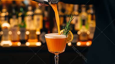 a bartender expertly pours a vibrant orange cocktail into an elegant glass, garnished with lemon and rosemary, against a blurred b