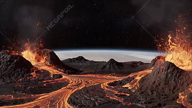 Dynamic Volcanic Eruptions: Molten Lava Rivers Flowing Across an Alien Planet Landscape