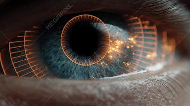 A close-up of a human eye demonstrates an imaginative depiction of an AI firewall. Bright sparks and glowing elements symbolize