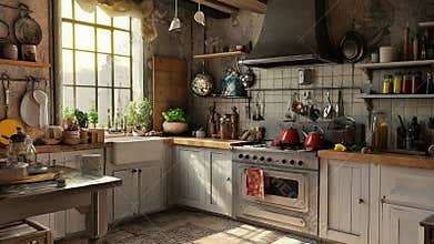 Sunlight illuminating rustic kitchen with hanging utensils and spices