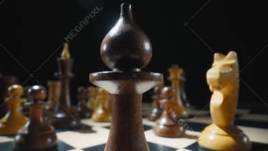 Macro dolly shot of a black bishop chess piece on a chessboard