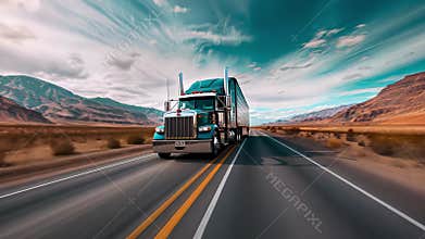 A large blue semi-truck travels down an empty highway, flanked by desert landscapes