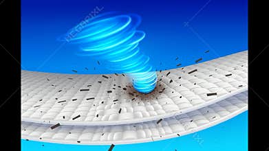 Dirt and dust particles swirling away from a mattress through a blue vortex, illustrating the power of deep cleaning and promoting