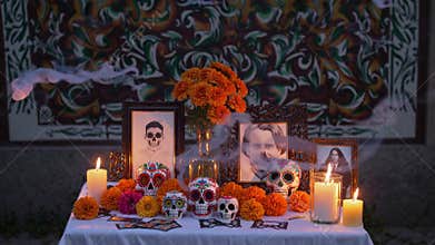 AI-generated of an ofrenda honoring ancestors with calaveras, candles, portraits and vibrant flowers