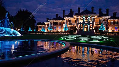 AI-generated of a grand mansion lit with blue lights and fountains reflecting in the water