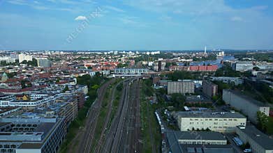 20.7.25 Berlin Ger, Ostkreuz train station. Smooth aerial view flight drone