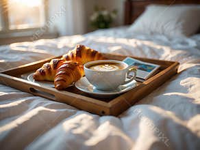 Relaxing Morning with a Latte and Pastries on a Wooden Tray