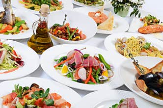 The buffet in the restaurant with different meals