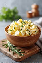 Homemade potato salad with fresh herbs on a picnic table in a rustic setting
