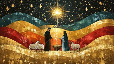 Man and woman in nativity scene under Christmas star. Religious illustration of birth of Jesus Christ. Spiritual worship art