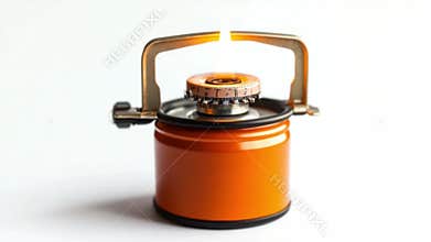 Compact orange camping stove for outdoor adventures. Perfect for backpacking trips and cooking. Lightweight design makes it easy
