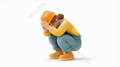 Depressed Worker Crouching in Despair, Feeling Overwhelmed and Exhausted at Work