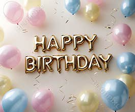 Gold Happy Birthday Balloon Letters Surrounded by Pastel Balloons and Gold Confetti on White