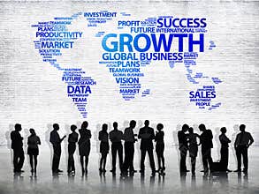 Business People and World Map with Word Growth