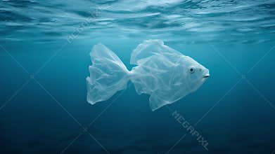 Plastic fish swimming underwater, symbolic motion concept of ocean pollution