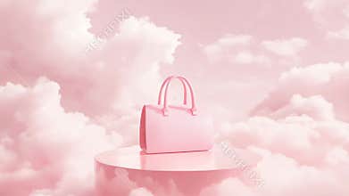 Elegant pink handbag displayed on rotating platform amidst dreamy clouds