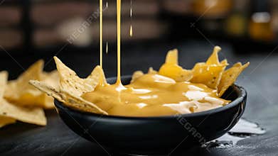 Golden cheese cascade over crunchy nachos creates irresistible snack delight in dark setting