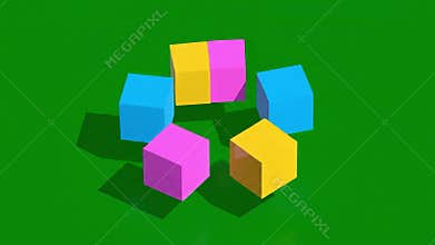 Dynamic Animation of Colorful Geometric Cubes Forming a Circle on a Green Screen