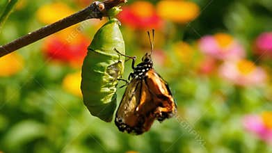 Dynamic Butterfly Emergence: Majestic Monarch Breaks Free from Chrysalis, Spreading Wings in a Vibrant Garden, Nature\'s