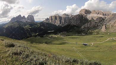 Panoramic view of Langkofel and Sella groups, Dolomites, Italy
